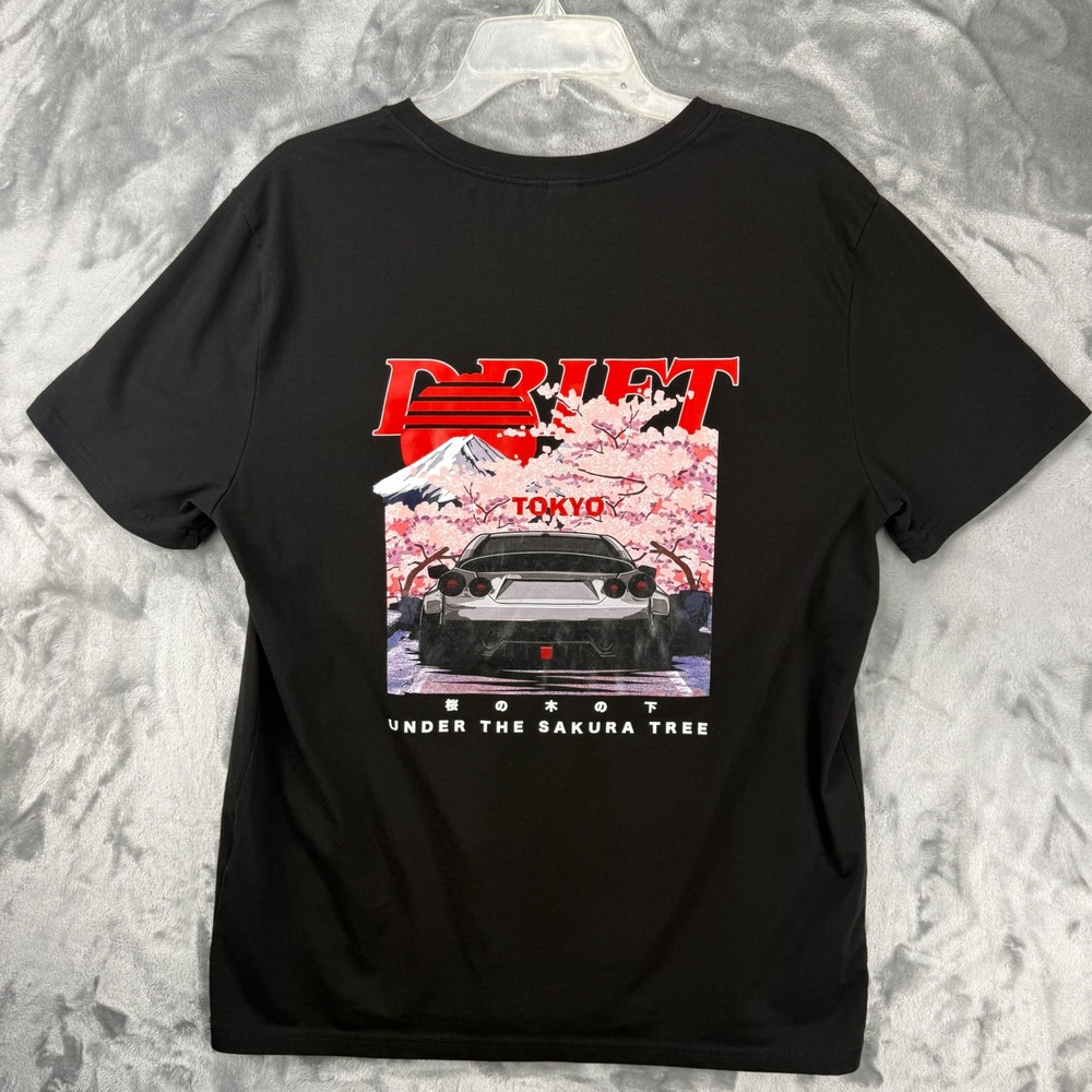 Romwe Mens Drift Tokyo Sakura Tree Graphic T-Shirt Black Size M JDM Car Tee